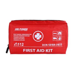 A red first aid kit prominently displaying the words "ori power" in a clear, bold font.
