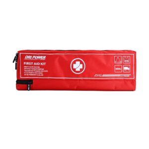 A red first aid kit featuring a prominent white cross on its surface, symbolizing emergency medical assistance.