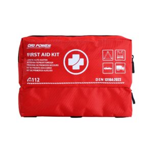 A red first aid kit featuring a prominent white logo, symbolizing emergency medical assistance and preparedness.