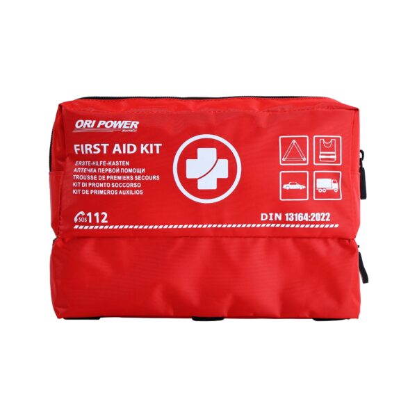 A red first aid kit featuring a prominent white logo, symbolizing emergency medical assistance and preparedness.