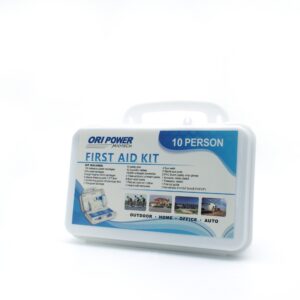 A first aid kit displayed with a plastic case and a white container, designed for storing essential medical items.