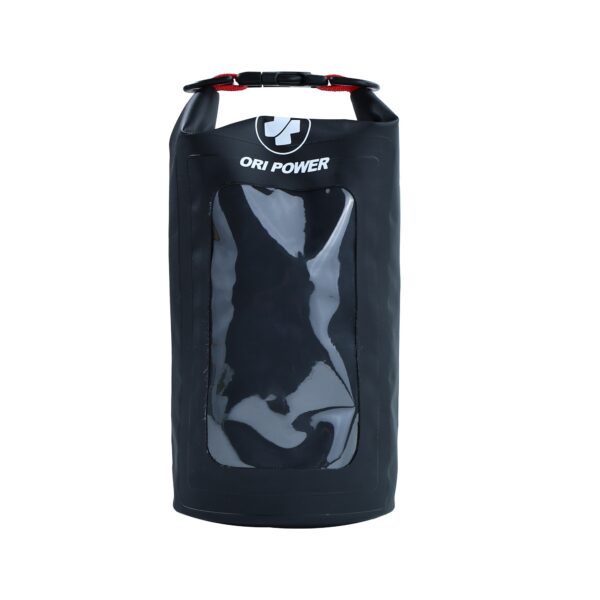 A black and red waterproof bag featuring the repeated phrase"FIRST AID KIT"