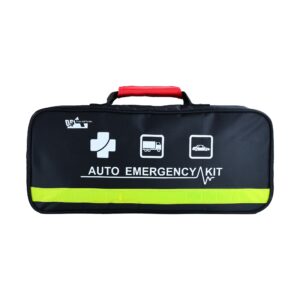A black emergency kit with a red handle and yellow reflective strip. The kit is labeled AUTO EMERGENCY KIT and features a white cross, a truck, and a car