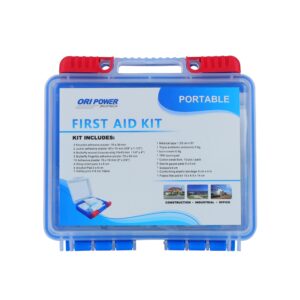 A plastic case holding a first aid kit, featuring various medical items for treating injuries and emergencies.