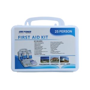 A white plastic first aid kit case, neatly organized and ready for emergency medical needs.