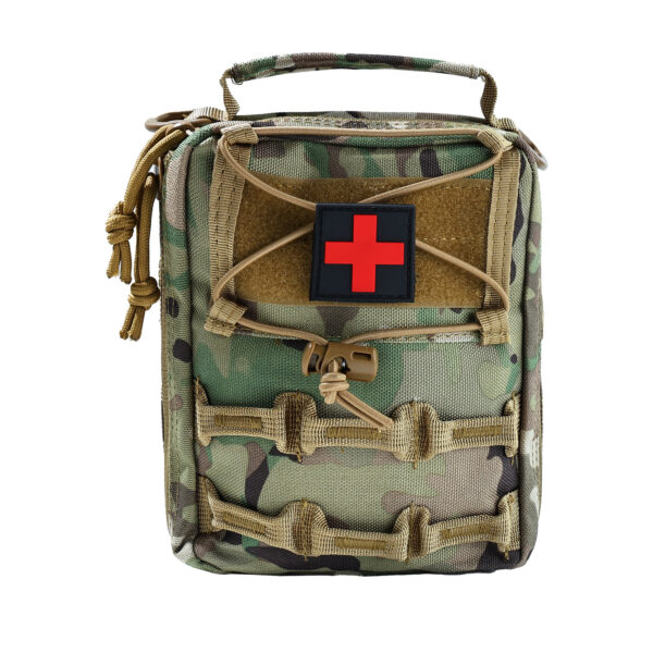 A medical kit alongside a backpack and a bag, showcasing essential supplies for health and safety in a portable format.