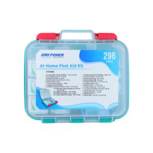 A compact first aid kit housed in a plastic case with a red lid, ensuring quick access to medical supplies at home.