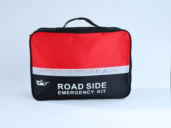 Roadside emergency kit bag in red and black, suitable for car safety and emergencies.