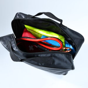 Portable roadside emergency kit bag with bold white text and carrying handle.