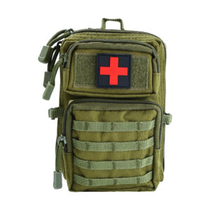 A military-style first aid bag featuring a prominent red cross emblem on its exterior.